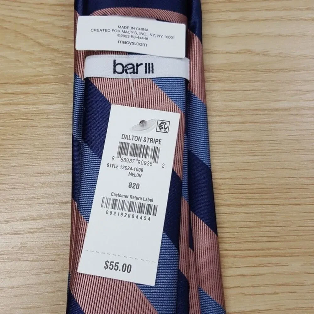 BAR III Mens Neck Tie Blue Coral Diagonal Stripe Modern Slim Classic Pointed